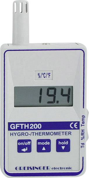Hygrometer GFTH200 med digitalvisning viser en temperatur på 19,4 grader Celsius.