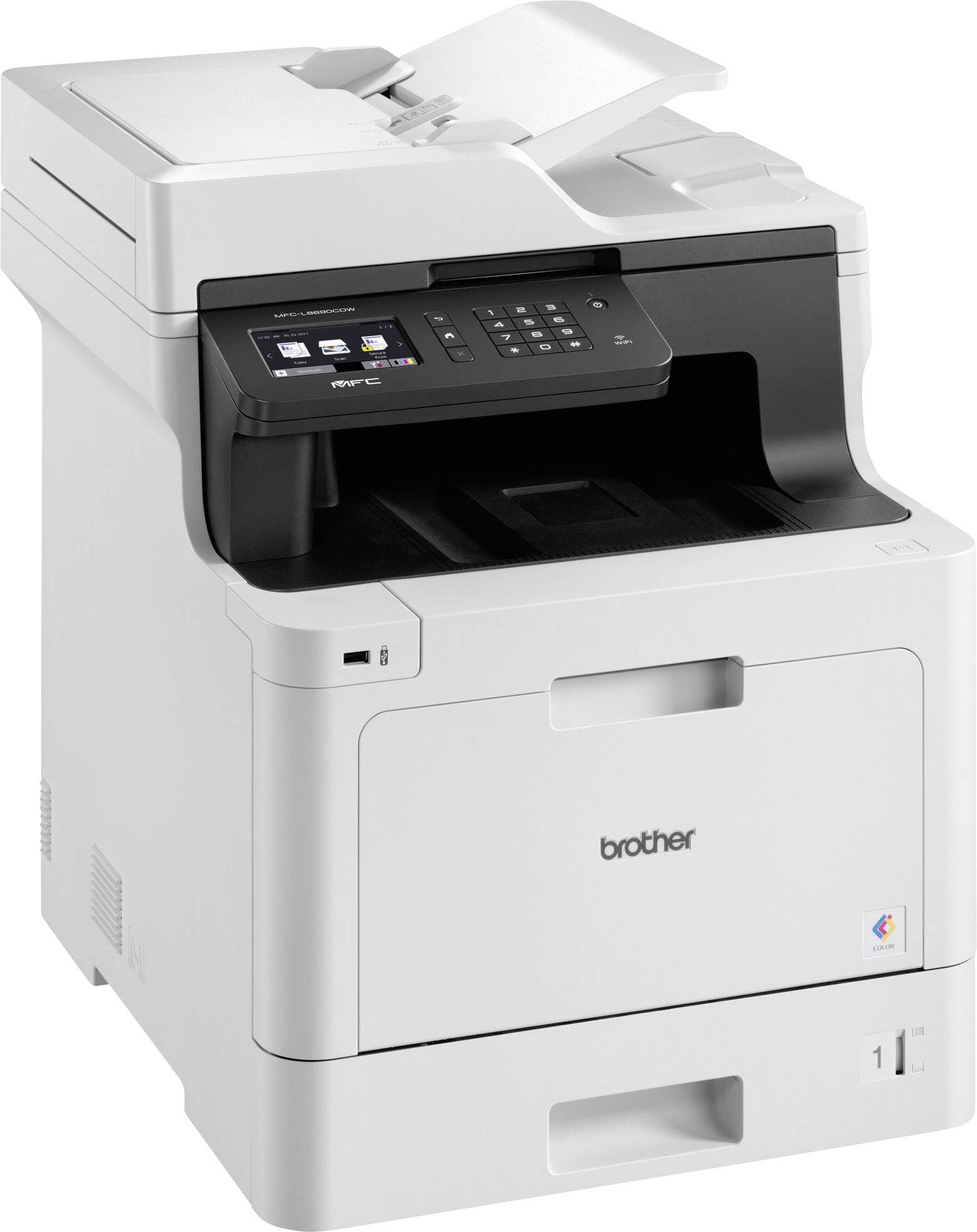 Multifunktionsprinter i hvid og sort med betjeningspanel og papirmagasin, velegnet til udskrivning, scanning, kopiering og faxning.