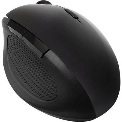 Sort ergonomisk computermuse med gummeret tommelfladestøtte og to knapper på siden, trådløst design.