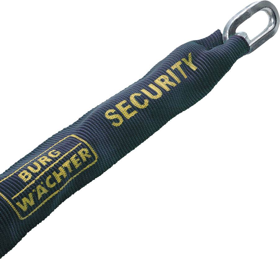 Et sikkerhedslås med påskriften 'Burg Wächter Security' på en blå baggrund; metalløkke synlig i den ene ende.