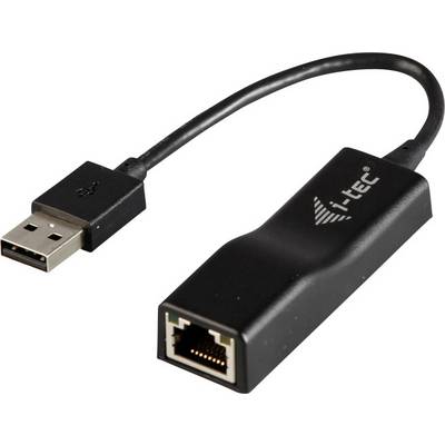 USB-til-Ethernet-adapter viser en sort adapter med USB-stik på den ene side og Ethernet-port på den anden side.