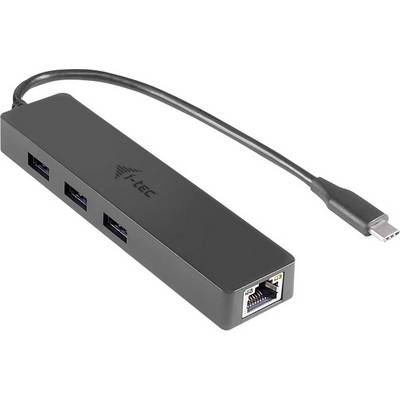 'Sort USB-C-hub med påtrykt "i-tec", fire USB-porte og en Ethernet-port synlig.'