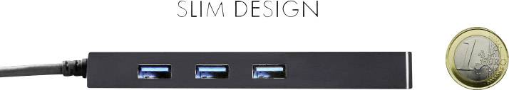 USB-hub med tre USB-porte i et slankt design, ved siden af en euromønt til størrelsessammenligning, med teksten 'SLANKT DESIGN'.