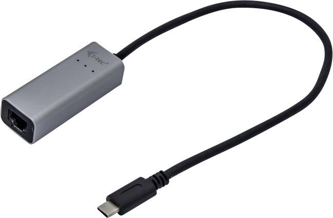En sølvfarvet USB-C til Ethernet-adapter med et sort kabel, ideel til at forbinde enheder med et kablet netværk.