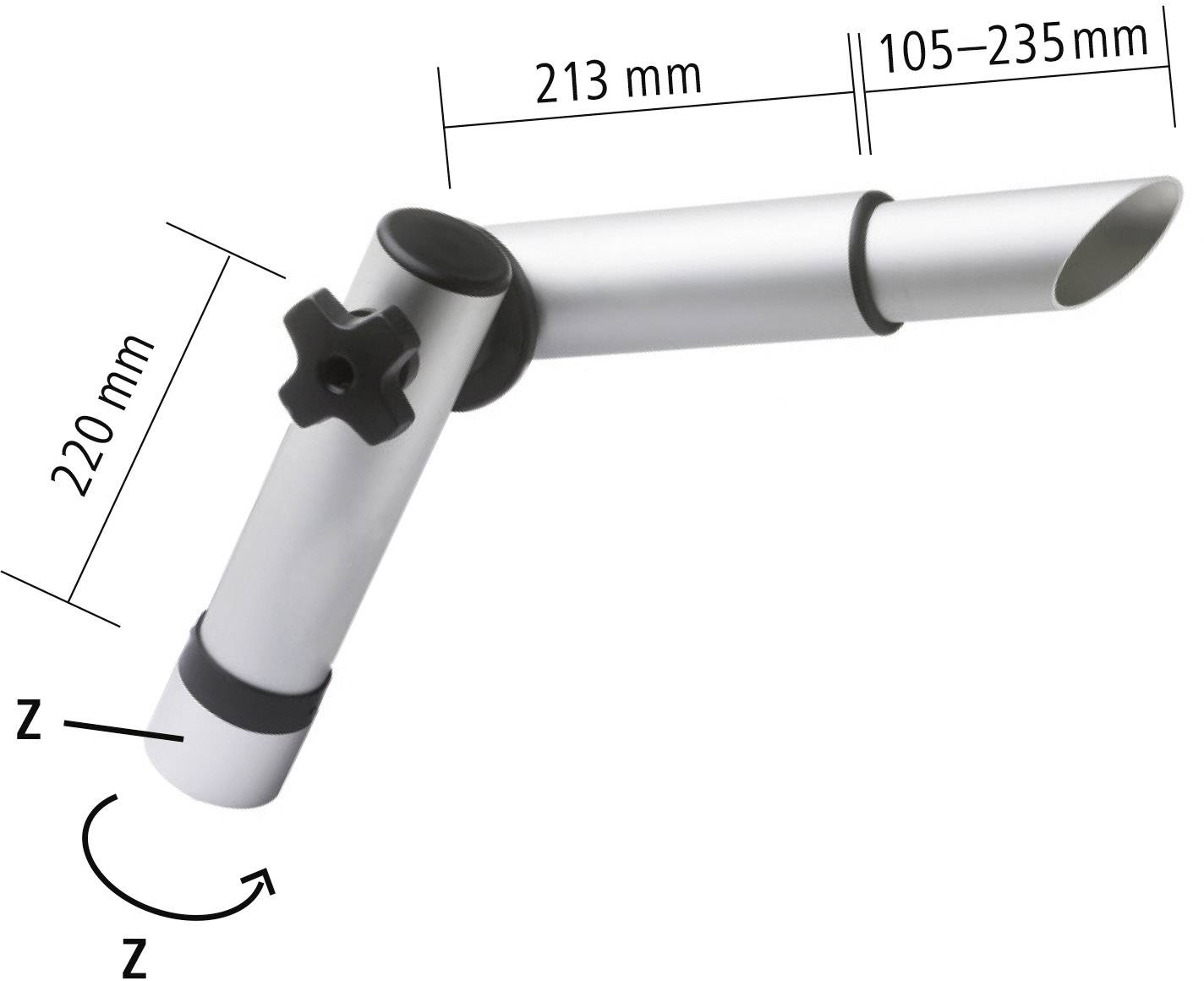 Justerbar lamparm af metal, længdemål: 213 mm og 105-235 mm, højde: 220 mm, drejelig om z-aksen.