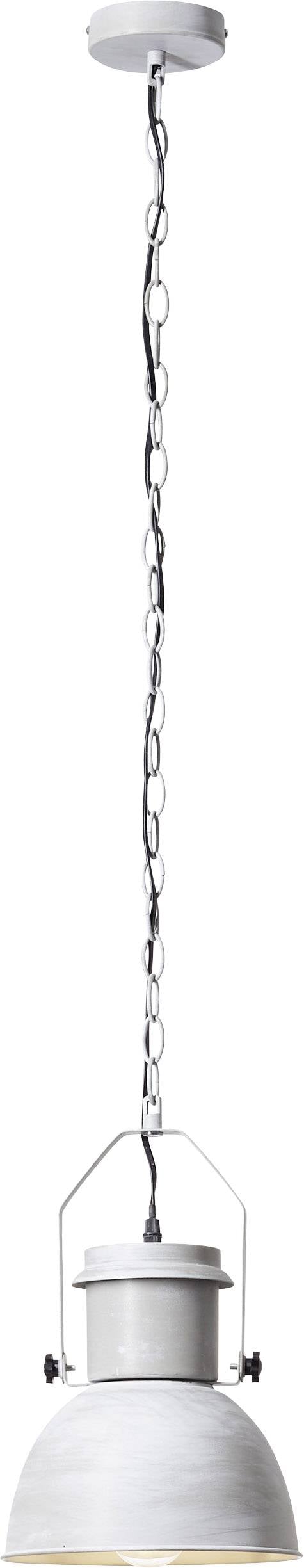Hvid pendel med metalkæde og glaskuppel.