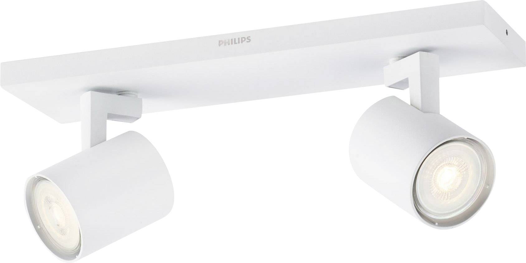 To tekstrukne loftslamper med cylinderformede skærme, monteret på et rektangulært metalstativ.