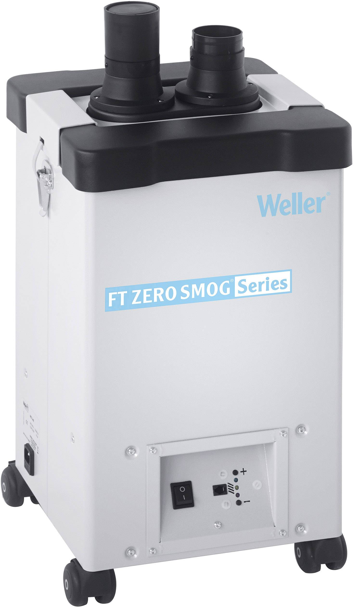 En hvid enhed med to sorte rør på toppen og en kontakt på forsiden. Teksten 'Weller FT Zero Smog Series' er synlig.