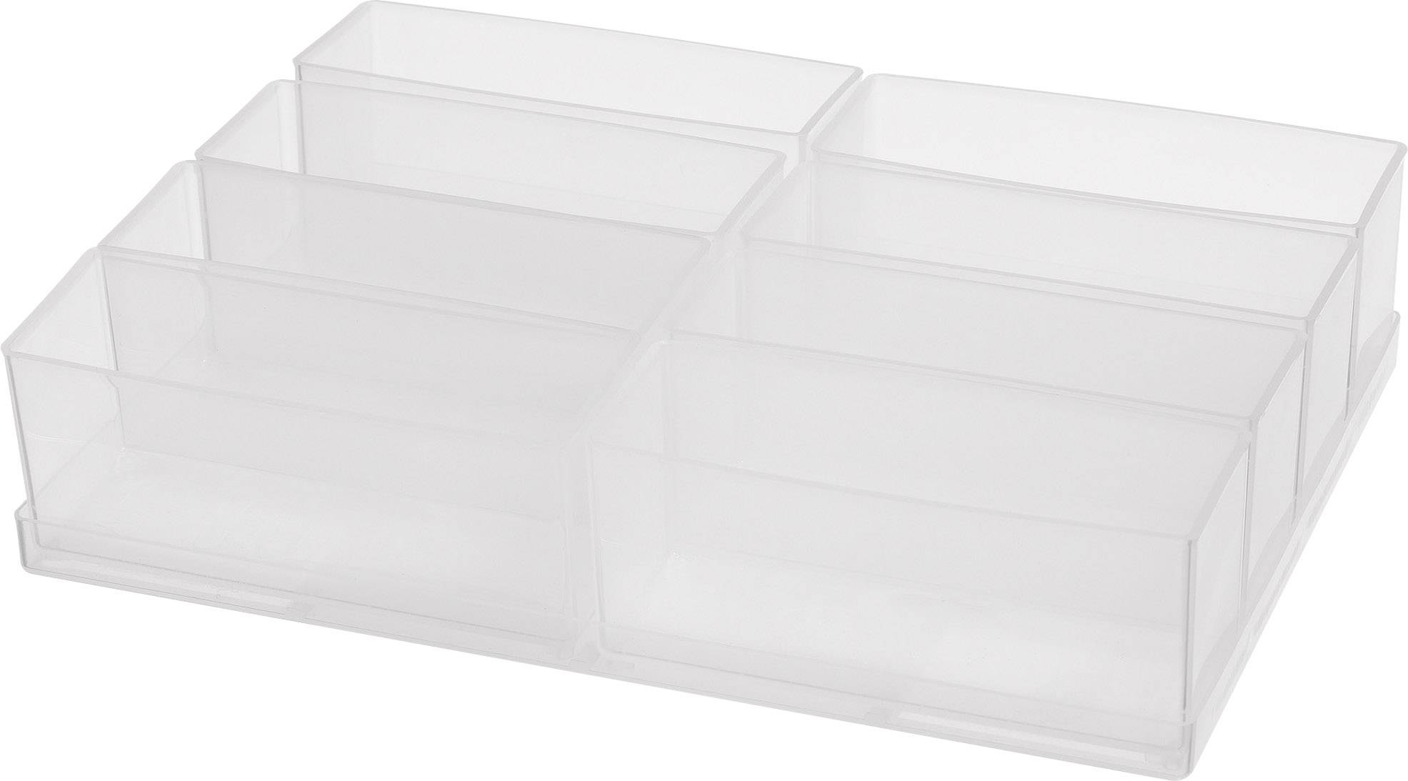 Klar, rektangulær plastikorganisator med seks rum. Perfekt til sortering af kontorartikler eller små genstande.