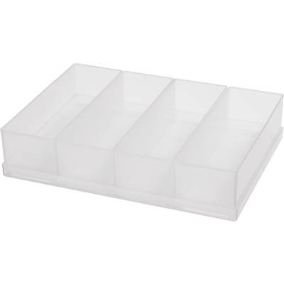En gennemsigtig, rektangulær plastikorganisator med seks rum til opbevaring af små genstande.