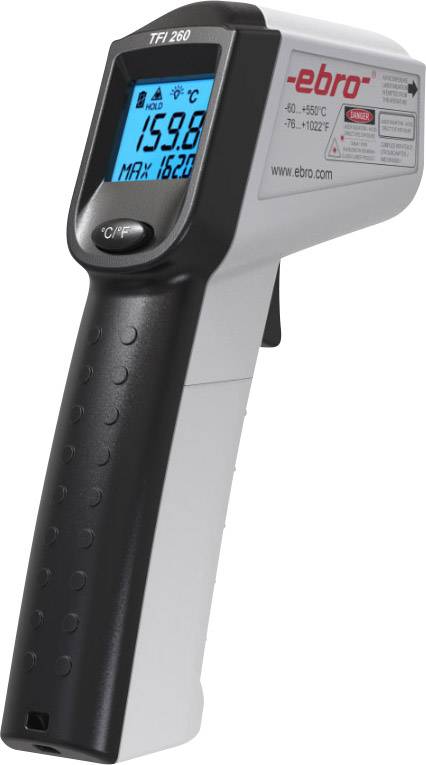 Et infrarødt termometer med et digitalt display, der viser 159,8 grader Celsius. Det er håndholdt og har et sort håndtag.