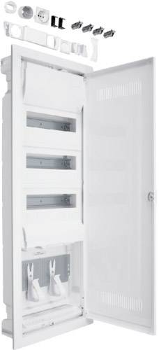 Hvid tavle med åben dør, viser interne hylder og fastgørelsespunkter. Tilbehør befinder sig oven over.