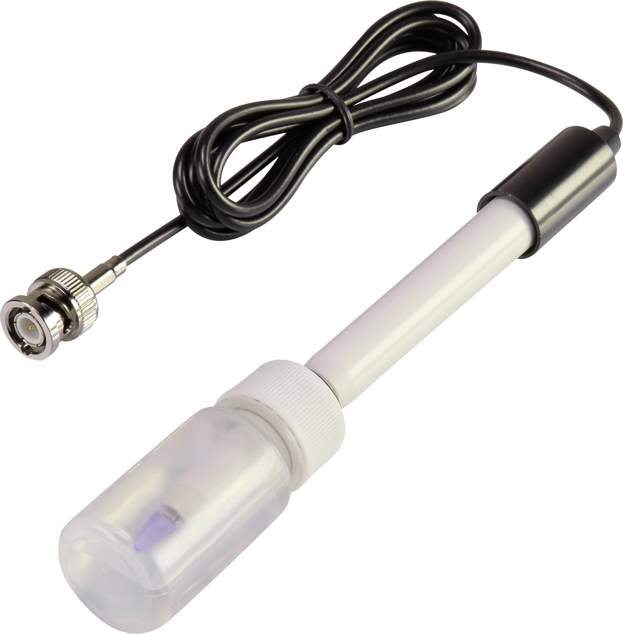 Kabel-baseret sensor med sonde og transparent hus, egnet til målinger i væsker.