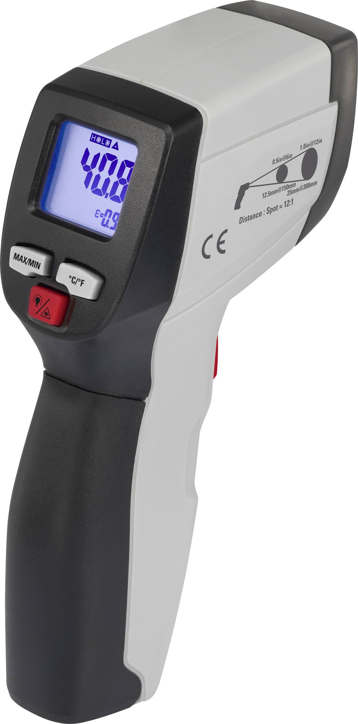 Et infrarødt temperaturmåleinstrument med digitalt display viser temperaturen. Enheden er håndholdt, grå og sort, med en blå display.
