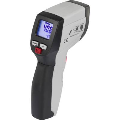 Et infrarødt temperaturmåleinstrument med digitalt display viser temperaturen. Enheden er håndholdt, grå og sort, med en blå display.