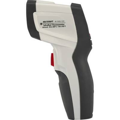 Infrarødt termometer set fra siden, mærket 'Voltcraft'. Måler temperaturer fra -50 til 500 grader Celsius.