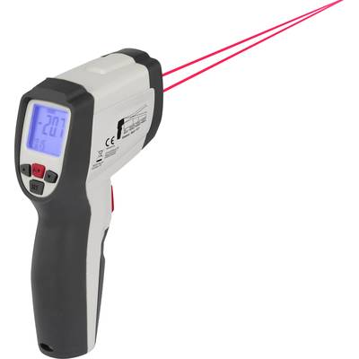Et infrarødt termometer viser en temperatur på -20,7 grader Celsius på et blåt display, med to røde laserstråler.
