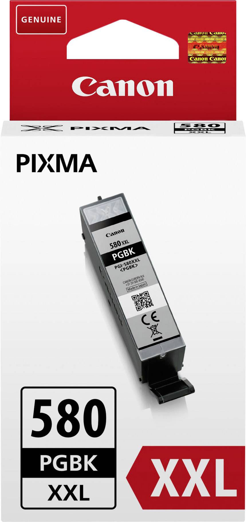 Canon PIXMA blækpatron 580 PGBK XXL i originalemballage. Emballagen viser modelnummer, QR-kode og XXL-kapacitet.