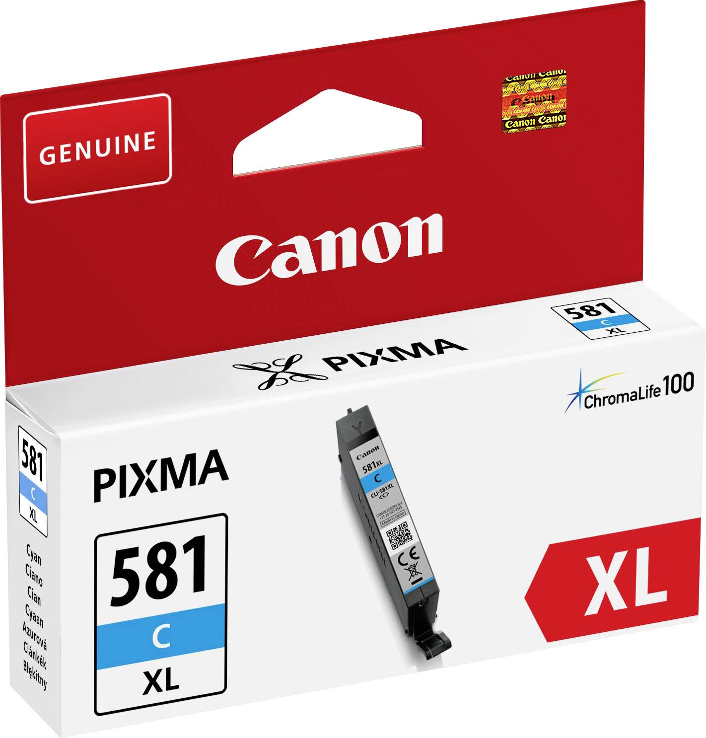 Canon PIXMA 581 C XL blækpatron, original, cyan, til farveprinter, lang levetid. Emballage i rødt og hvidt.
