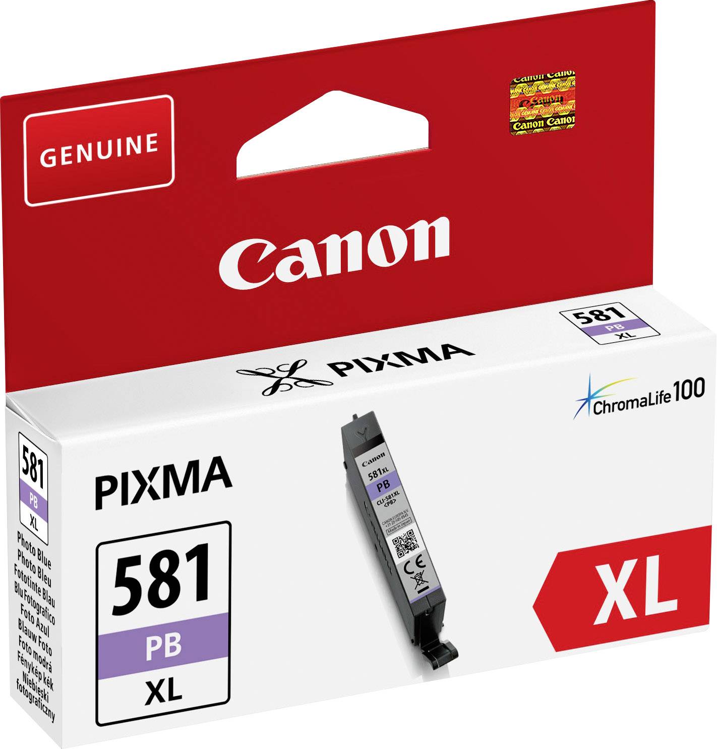Canon Pixma blækpatron, model 581 PB, XL-størrelse, i rød-hvid emballage. Indeholder ChromaLife100 blæk til printer.