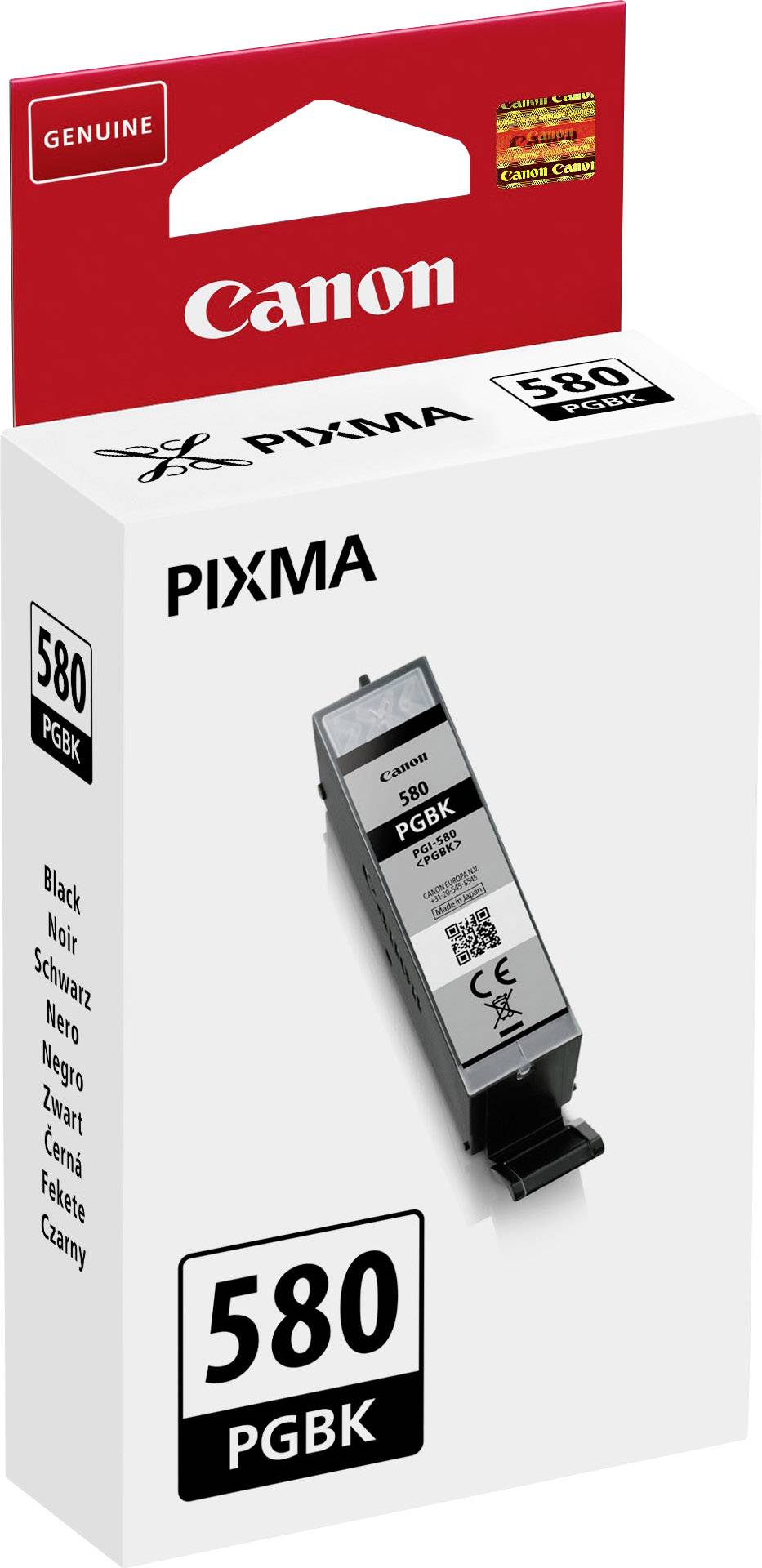 Billedet viser en Canon PIXMA blækpatron 580 PGBK til printere, i en emballage med en rød sektion øverst og produktbeskrivelse.