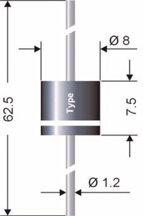 Diagram over et cylinderformet elektronisk komponent, muligvis en diode, med dimensioner: Samlet længde 62,5 mm, diameter 8 mm, tråddiameter 1,2 mm.