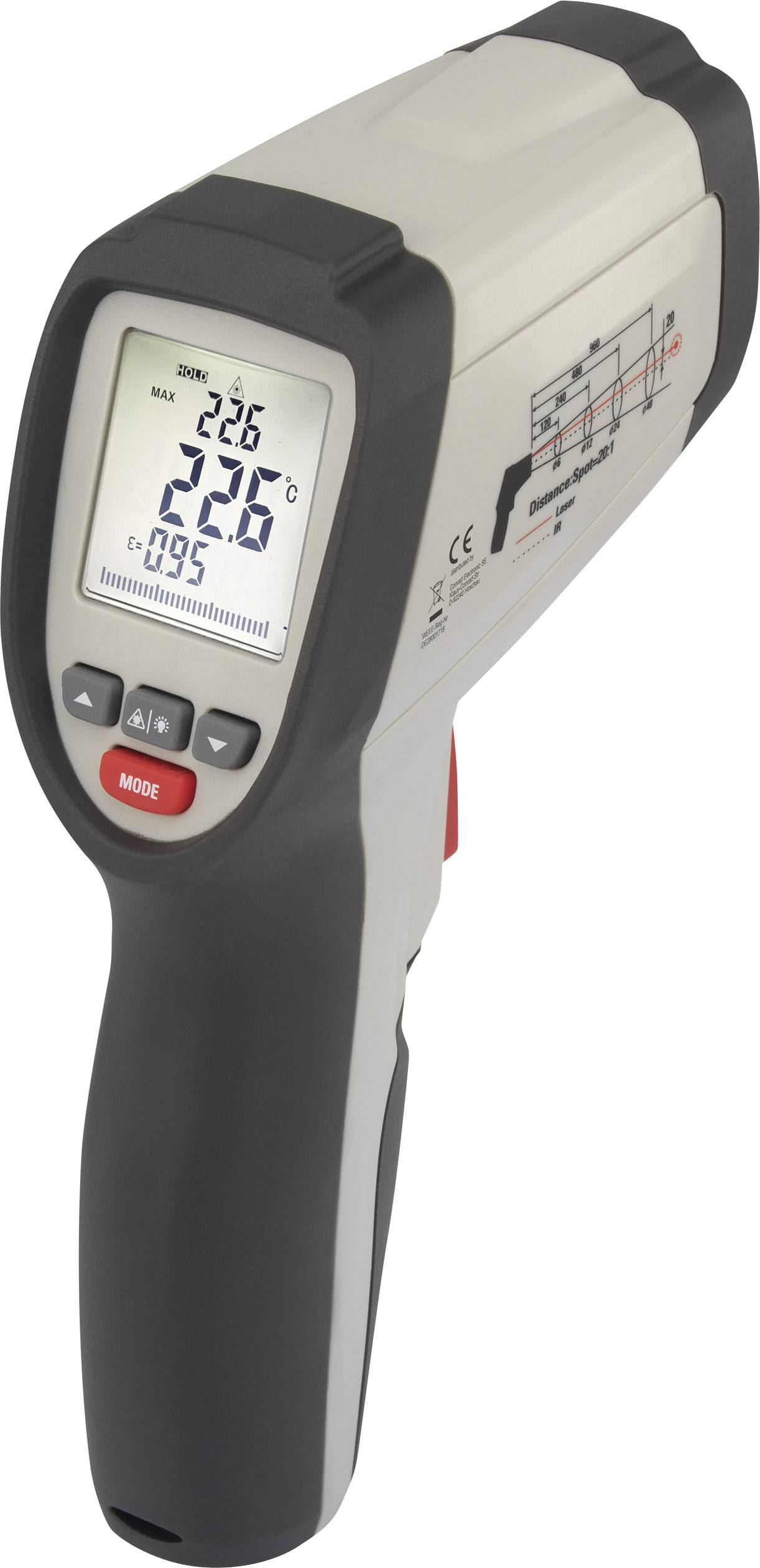 Infrarød termometer med display, viser temperaturmålinger. Enheden har betjeningstaster og er egnet til kontaktfri målinger.