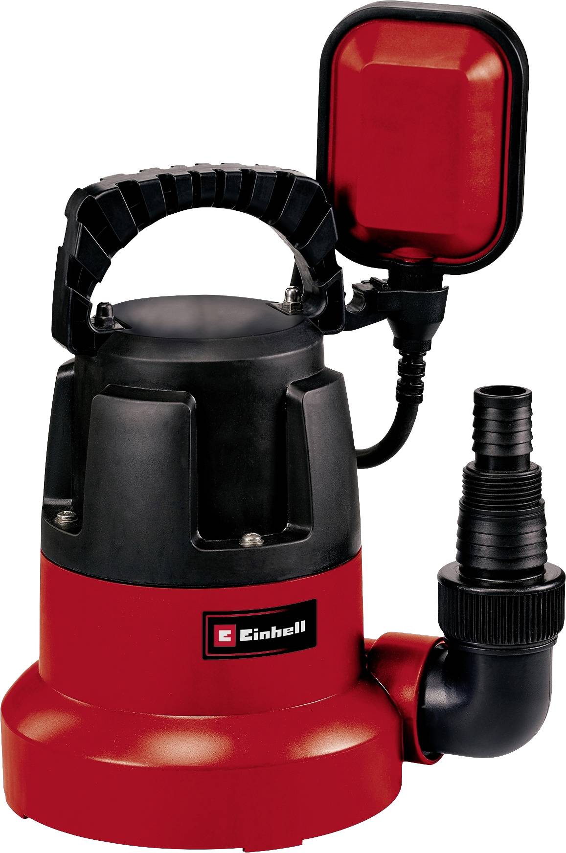 En rød og sort dykpumpe fra Einhell med slangeforbindelse og bærehåndtag, egnet til vandudpumpning.