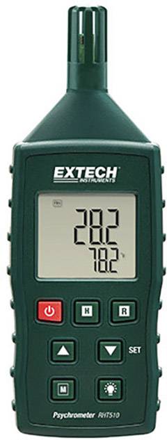Et grønt digitalt termometer med display viser '28,2' grader Celsius og '78,2' procent luftfugtighed.