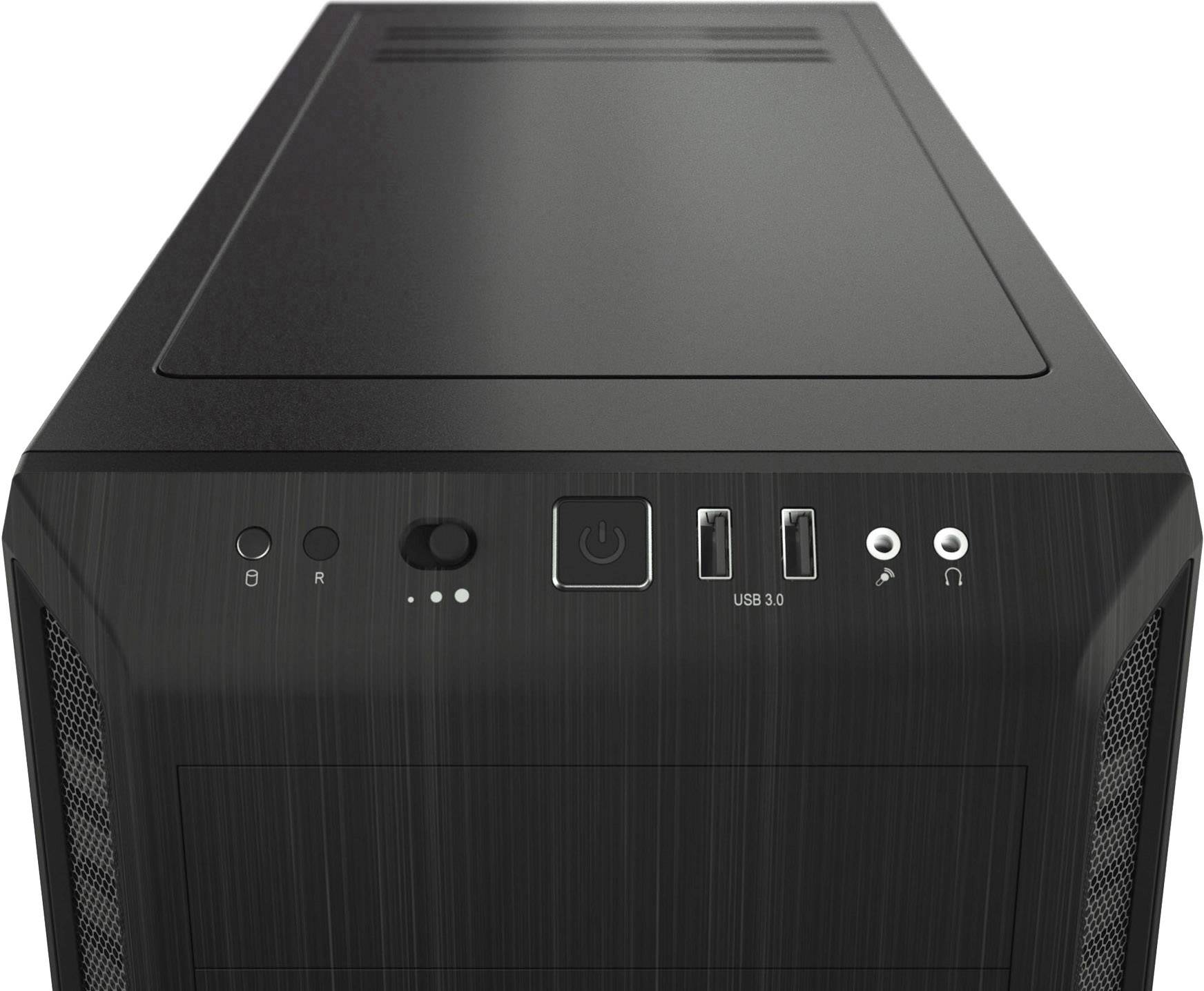 Sort PC-kabinet med USB 3.0-tilslutninger, lydstik og en stor netafbryder på den øverste frontpanel.