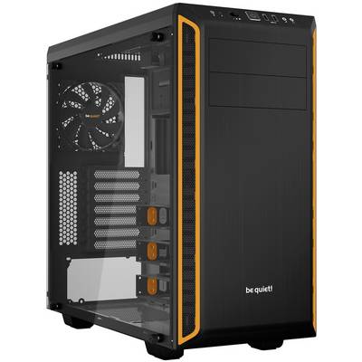 Sort computerkabinet med glasvindue, orange accentlinjer, ventilator bagtil, mange udvidelsespladser. Mærke: 'be quiet!' på fronten.