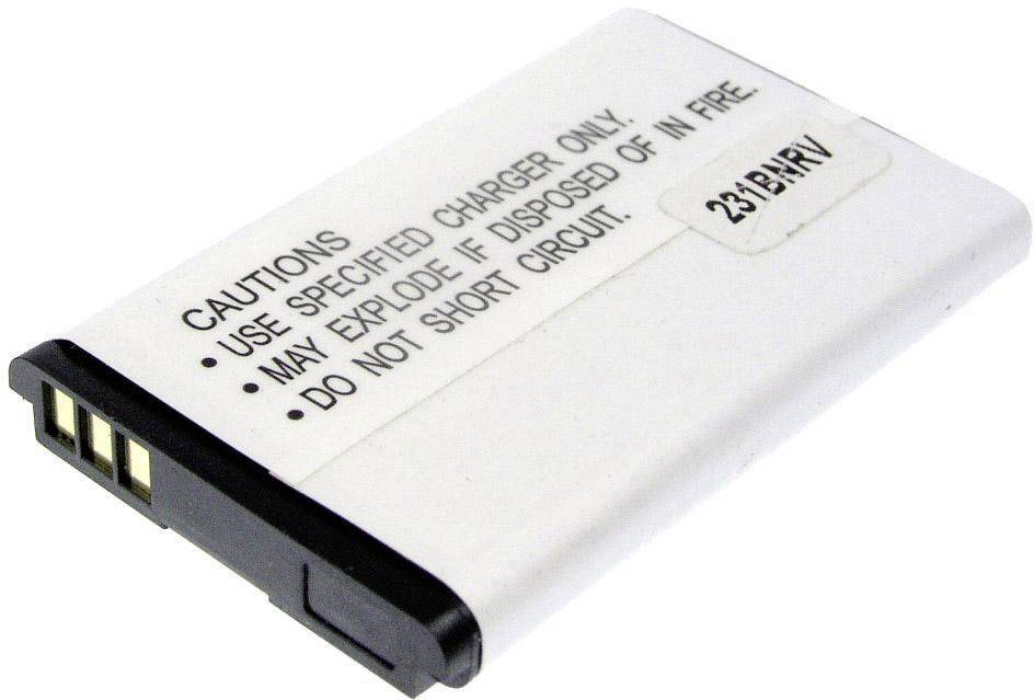 Hvid lithium-ion-batteri med sorte kontakter; Advarsler: Brug kun angivne opladere, undgå kortslutning.