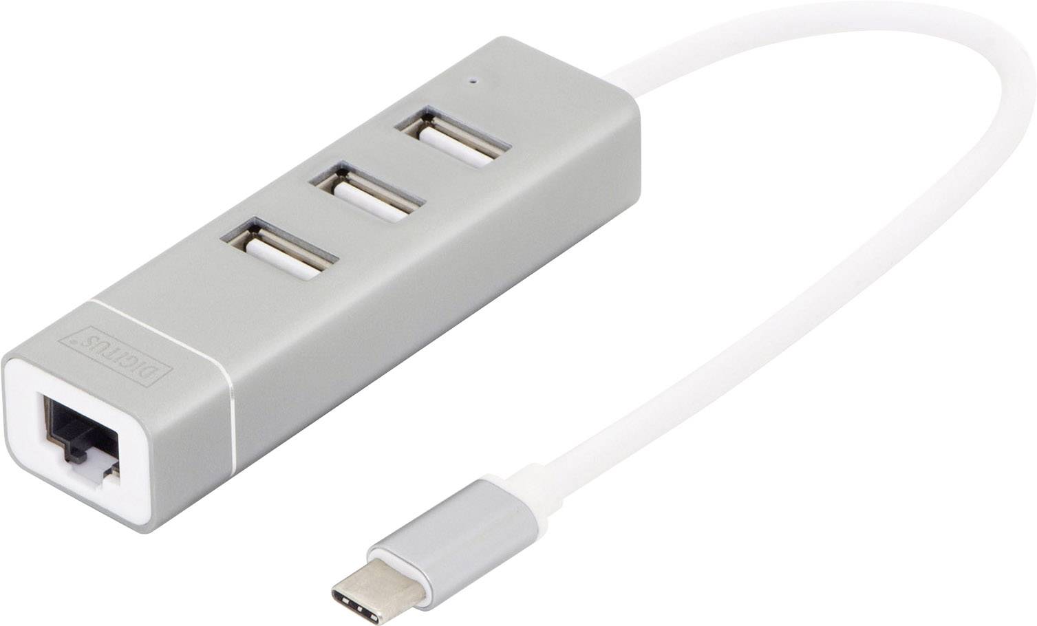 En sølvfarvet USB-hub med tre USB-porte og en Ethernet-port, forbundet via et hvidt USB-C-kabel.