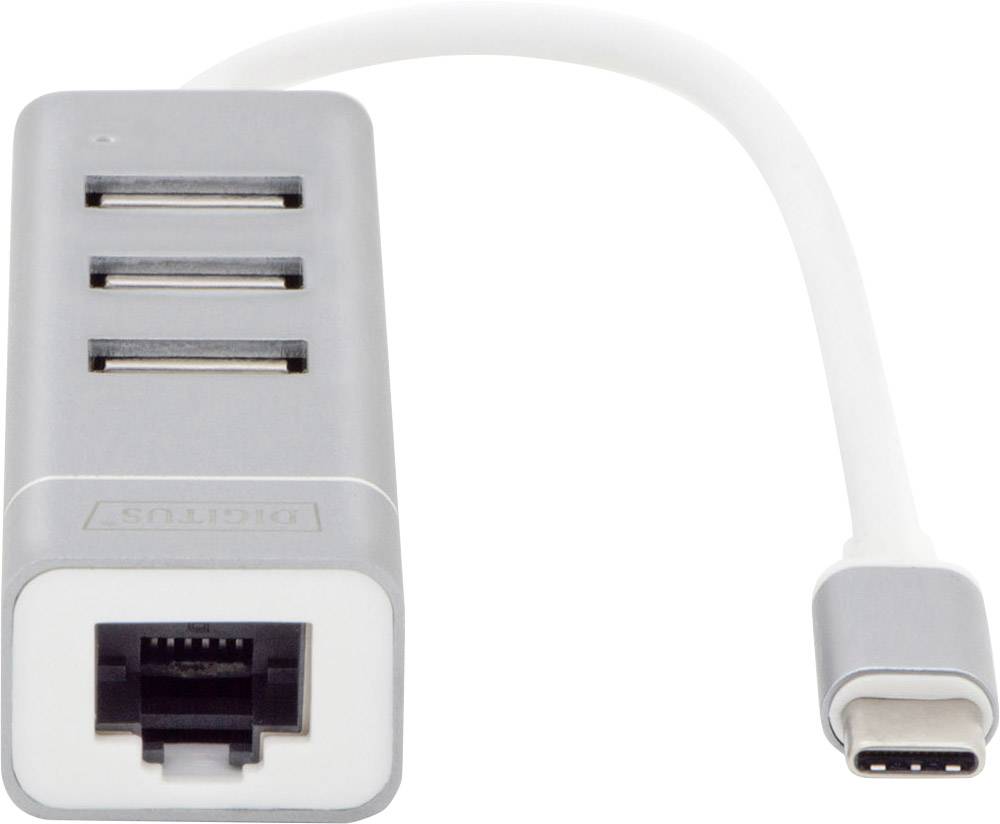 En USB-C-hub med tre USB-A-porte og en Ethernet-port, forbundet med et kort kabel.
