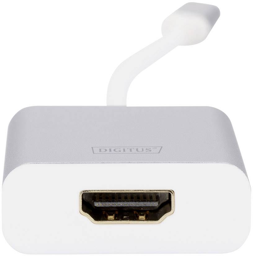 HDMI-adapter fra Digitus, sølv, rektangulær. Forside med HDMI-port, kort hvid forbindelseskabel til USB-C-stikket øverst.
