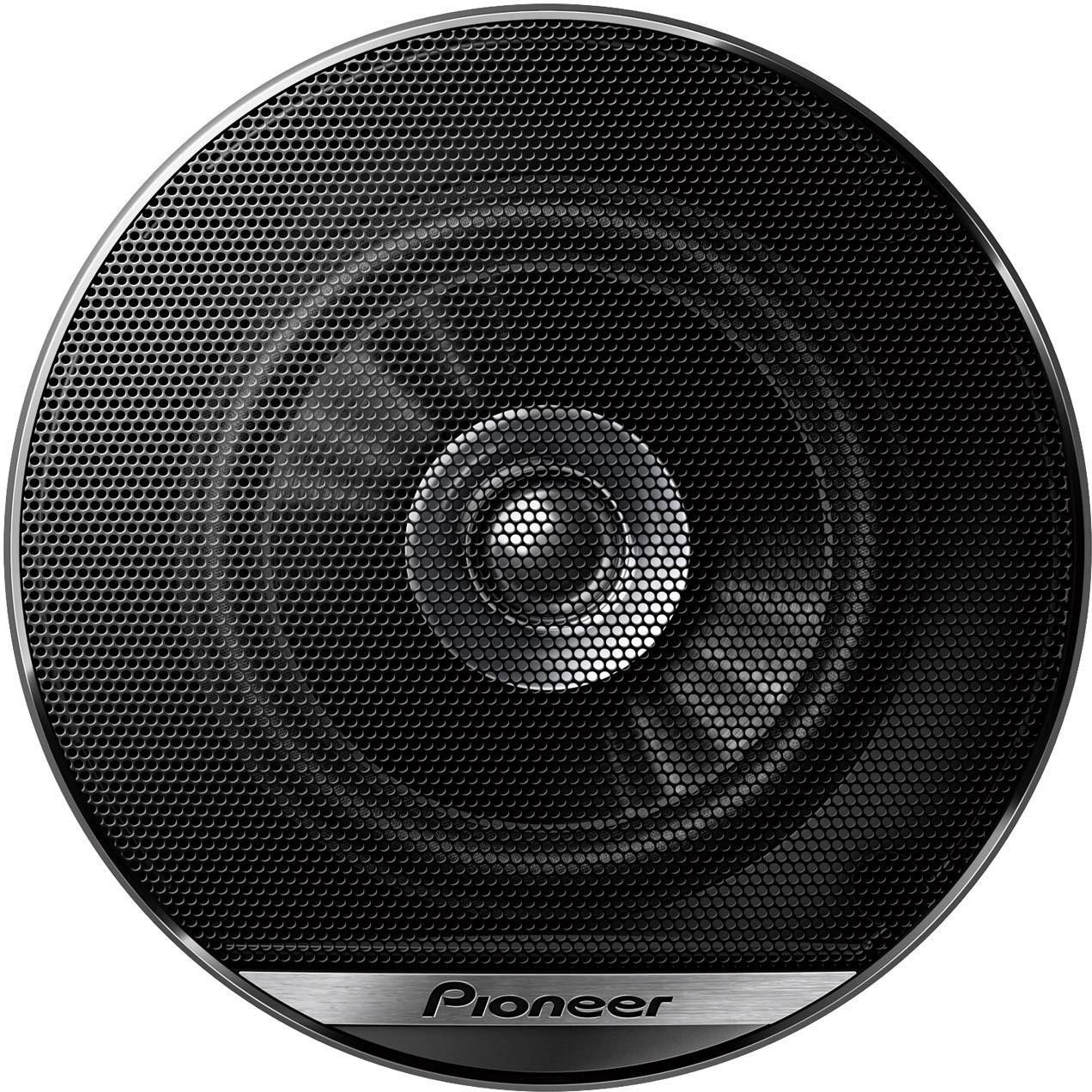 Rund højttalerkabinet med metalgitter og central membran. Mærkenavnet 'Pioneer' synligt i nedre kant.