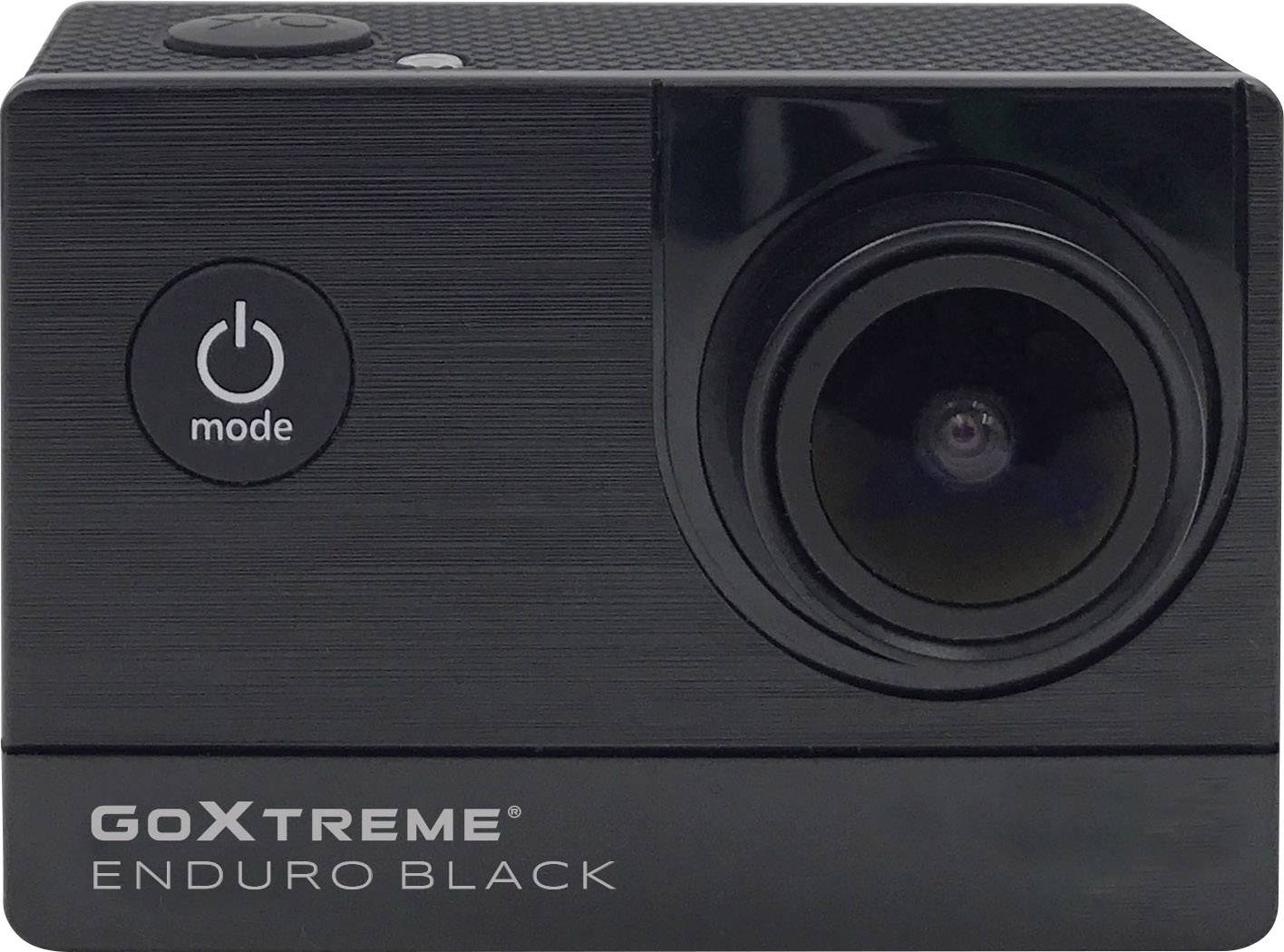 Et sort action-kamera med teksten 'GoXtreme Enduro Black' på forsiden og et stort objektiv til højre.