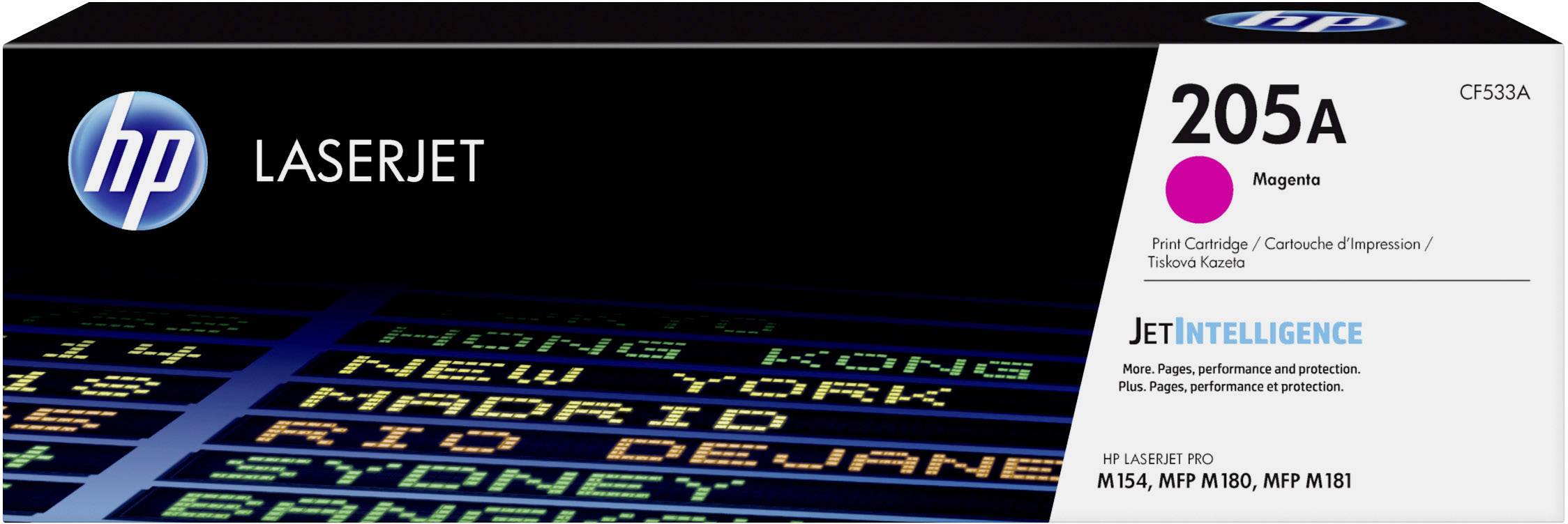 Blækpatron '205A Magenta' til HP LaserJet. Emballagen fremhæver JetIntelligence-teknologi med fokus på ydeevne og beskyttelse.