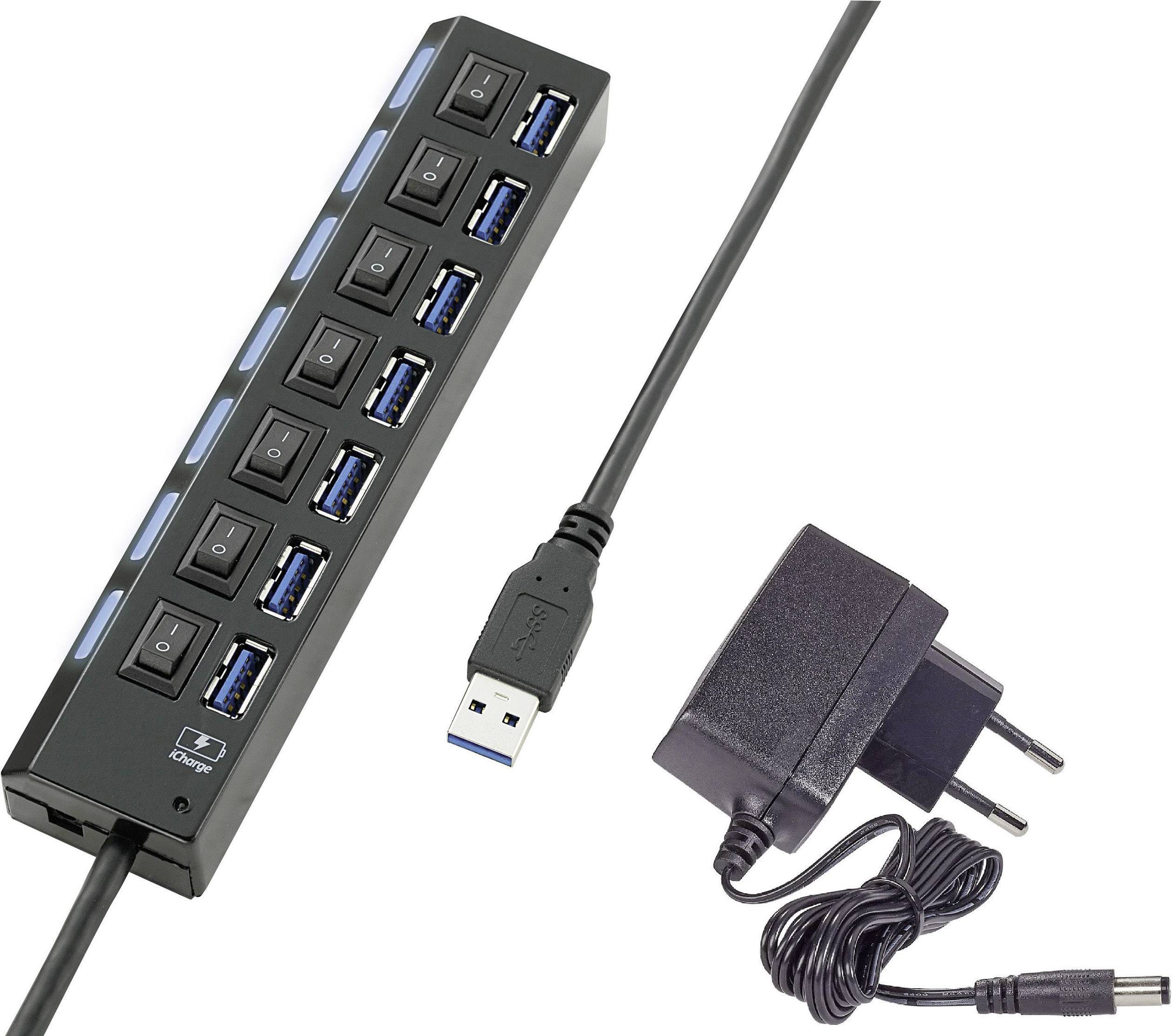 Renkforce 7 USB 3.0-hub kan kobles enkeltvist, med status-LED, med iPad-opladningsport Sort | Conradelektronik.dk