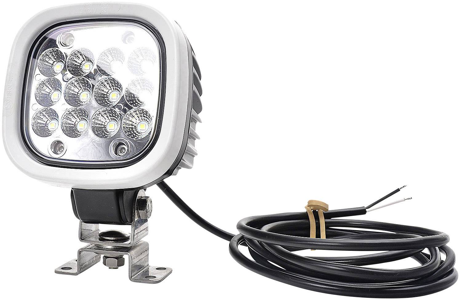 En firkantet LED-arbejdslampe med ni LED'er. Den er udstyret med et metalbeslag og et kabel til strømforsyning.