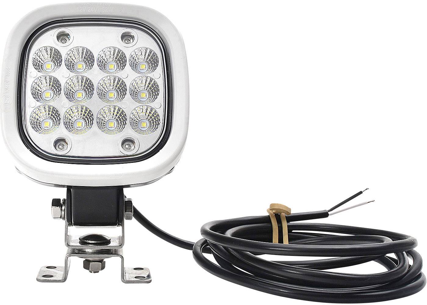 En LED-arbejdslampe med tolv runde LED'er, monteret på en metalfod. En sort ledning er tilsluttet lampen.