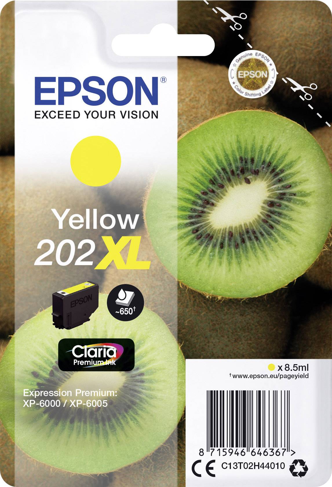Emballage til en gul Epson 202XL blækpatron. Kiwi-grafik, egnet til Expression Premium-modeller XP-6000 og XP-6005.