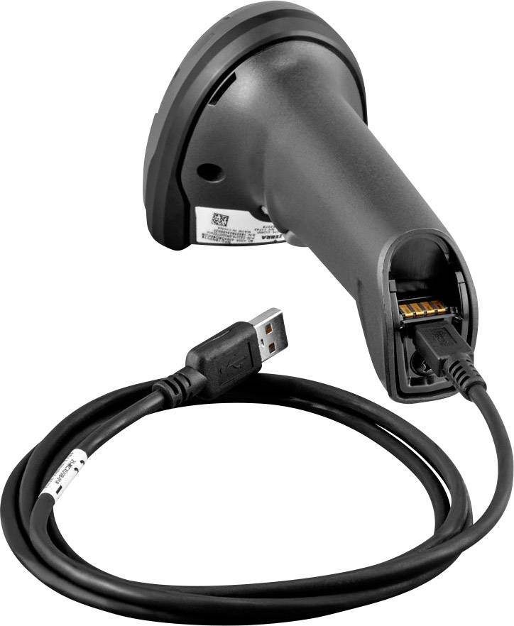 Stregkodescanner med tilsluttet USB-kabel. Bagfra viser billedet scannerens form og tilslutningsmuligheder.