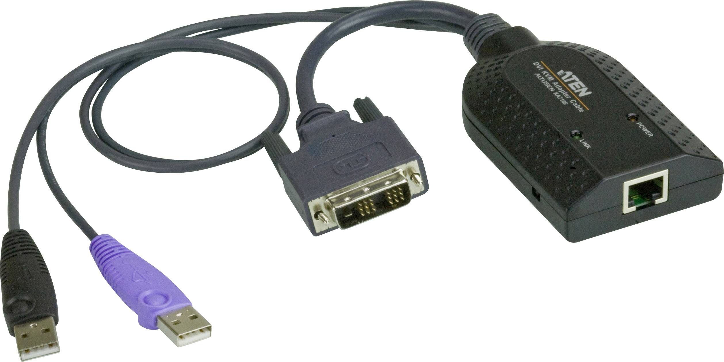 Et KVM-kabel med VGA-stik, USB-tilslutninger og en netværksforbindelse, som bruges til at forbinde computere med en KVM-switch.
