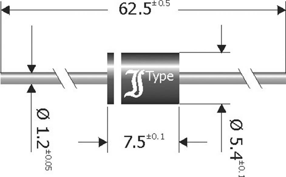 Tegning af en cylindrisk elektronisk komponent med påskriften 'J Type'. Dimensioner: Længde 62,5 mm, diameter 5,4 mm.