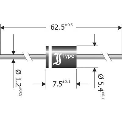 Tegning af en cylindrisk elektronisk komponent med påskriften 'J Type'. Dimensioner: Længde 62,5 mm, diameter 5,4 mm.