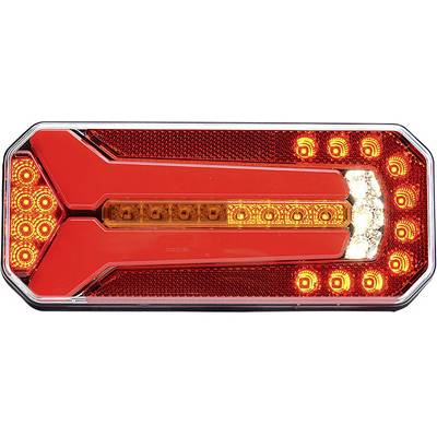 Baglys på et køretøj med geometrisk design med røde og gule LED-lys; rektangulær form med afrundede elementer.