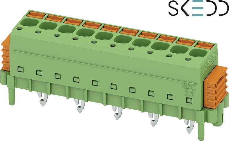 Grøn stikforbinder med flere orange løftearme og metalliske kontakter, egnet til elektroniske kredsløb.