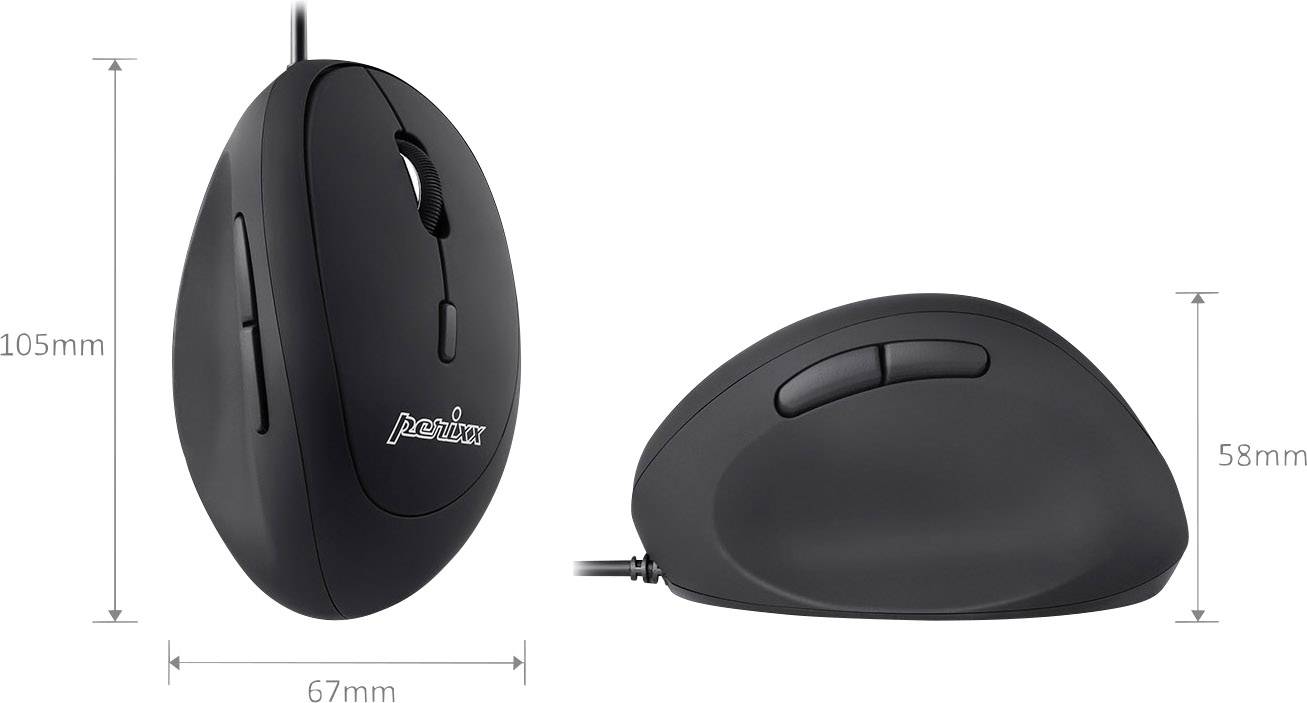 Vertikal ergonomisk mus med kabel. Dimensioner: 105 mm højde, 67 mm bredde, 58 mm dybde. Ideel til behagelig håndstilling.