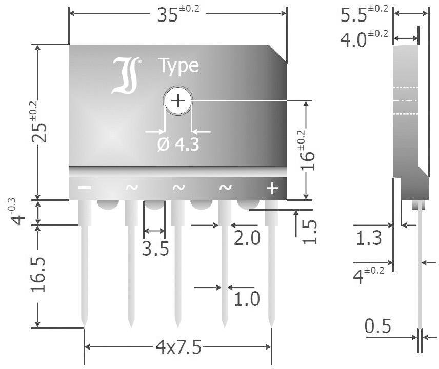 Teknisk tegning af en elektronisk komponent med måleangivelser i millimeter. Indeholder symboler for elektrisk tilslutning.